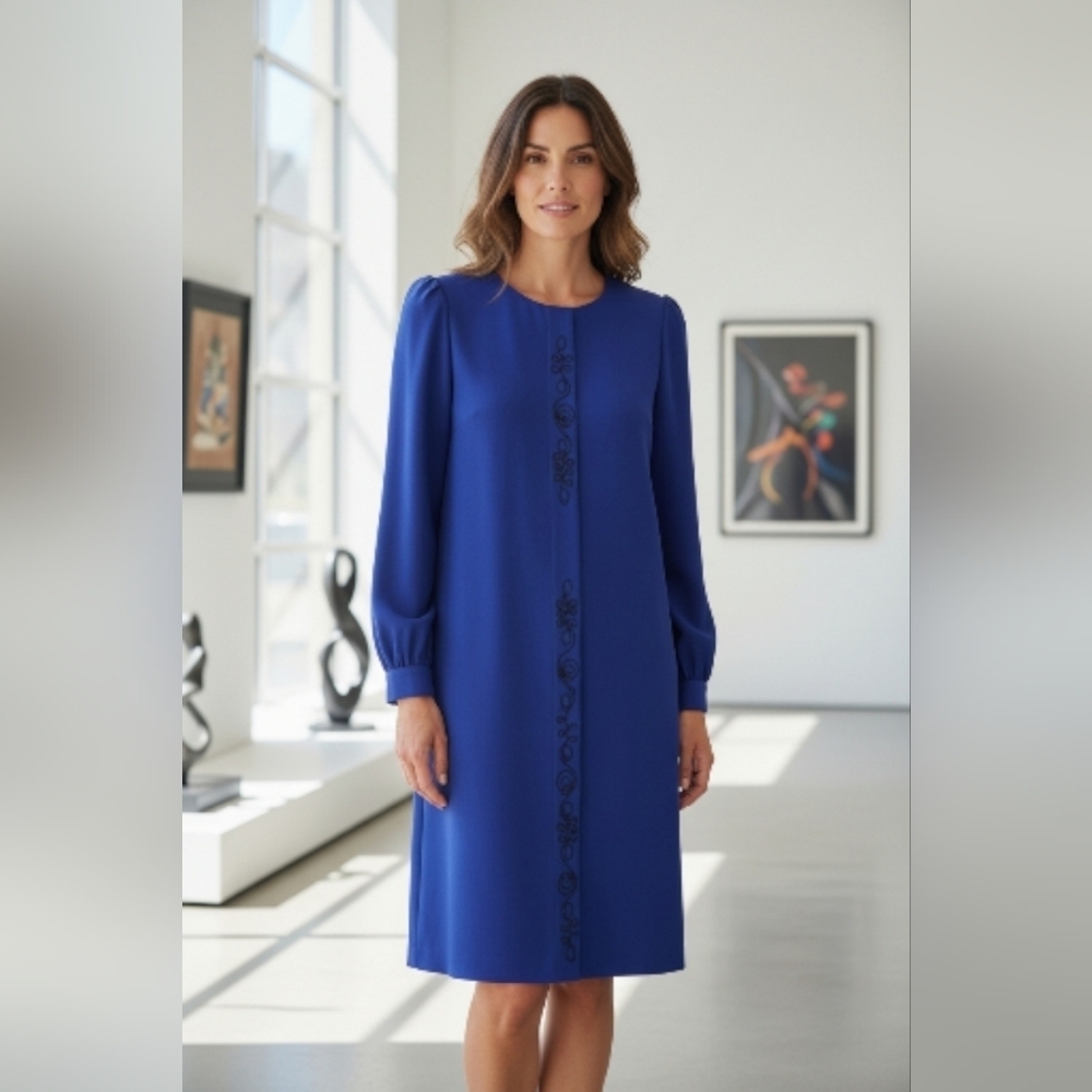 Chaus Timeless Fashion Royal Blue Glamorous Gatsby Long Sleeve Dress Sz 14